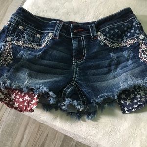 Grace in LA denim flag shorts.